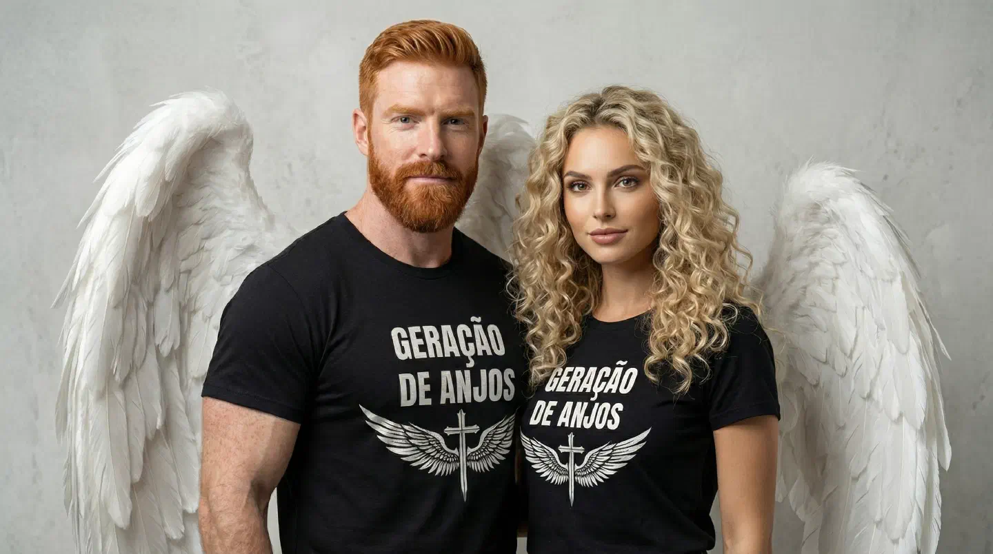Gael e Sol em estúdio de gravação com asas de anjo - Geração de Anjos