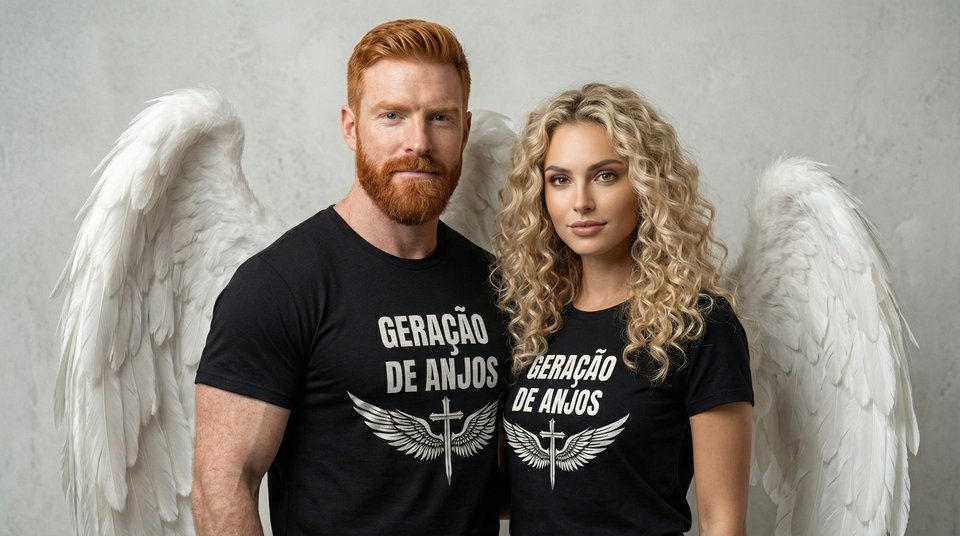 Gael e Sol em estúdio de gravação com asas de anjo - Geração de Anjos